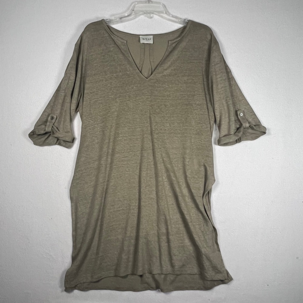 WRAP London Linen Tunic US 10 V-Neck 3/4 Sleeve Roll Tab‎ Side Split Olive Sage